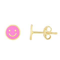 14K Yellow Gold Enamel Smiley Face Emoji Minimalist Stud Earrings