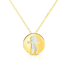 14K Yellow Gold Mother of Pearl Little Boy Disc Pendant Necklace