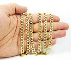 14K Yellow Gold 7mm Solid Cuban Diamond Cut Pave Curb Link Chain