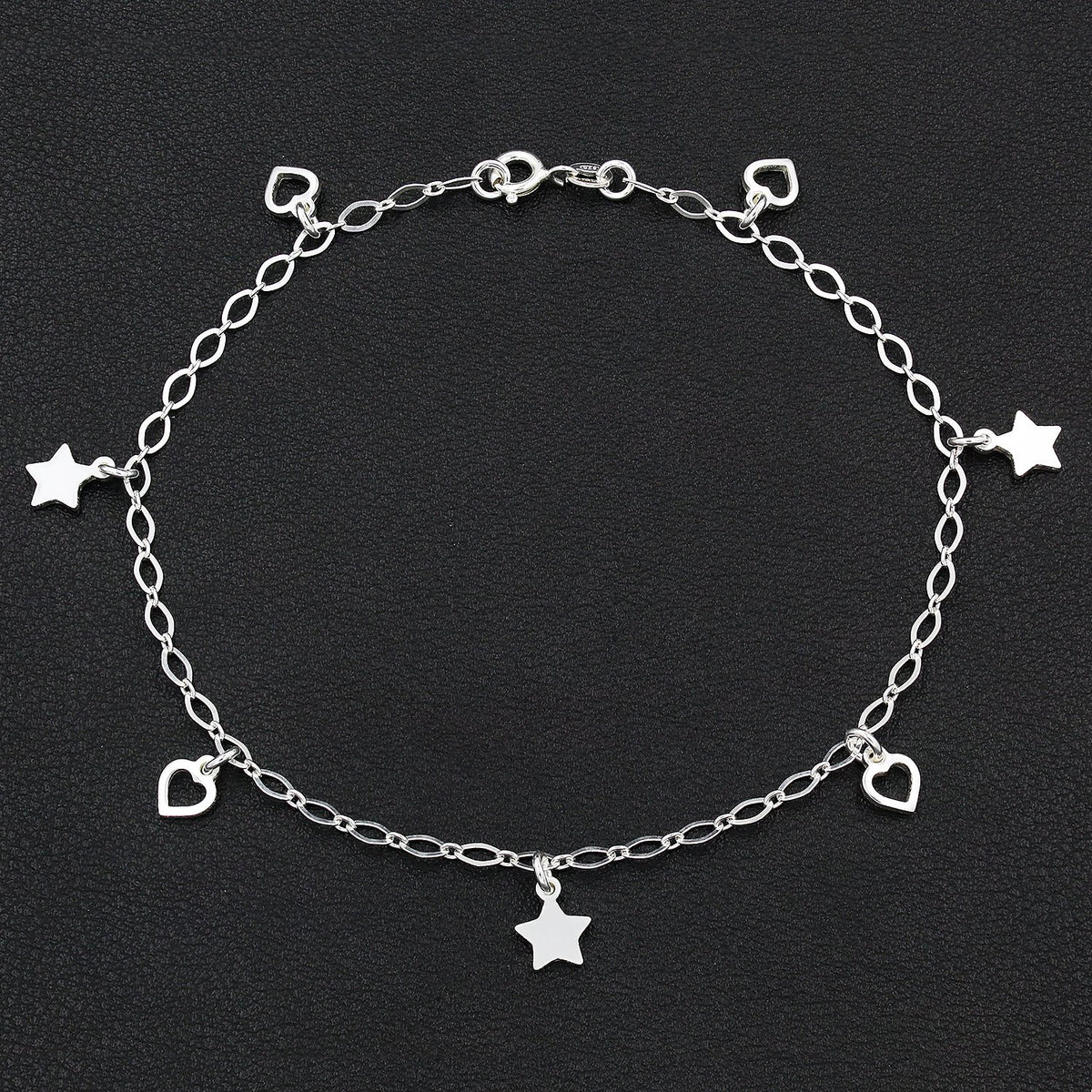 925 Sterling Silver Heart & Star Charm Ankle Bracelet, ITProLux