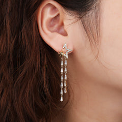 Gold Plated Trendy Celestial Star Micro Pave Tassel Drop Earrings