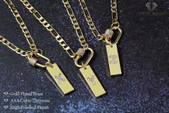 Gold Plated Trendy Micro Pave Clasp, Initial Bar Pendant on Figaro Chain Necklace