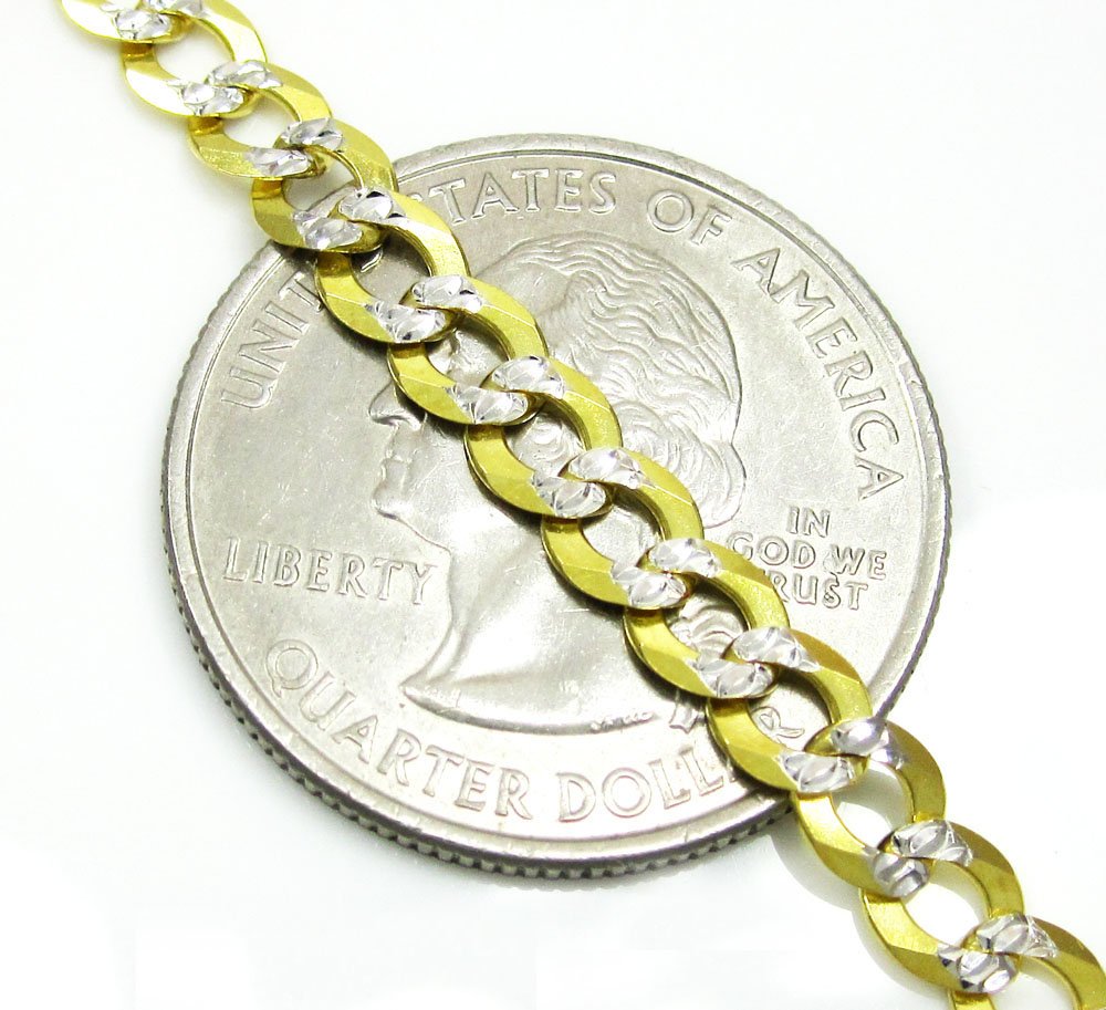 14K Yellow Gold 4.5mm Solid Cuban Diamond Cut Pave Curb Link Chain