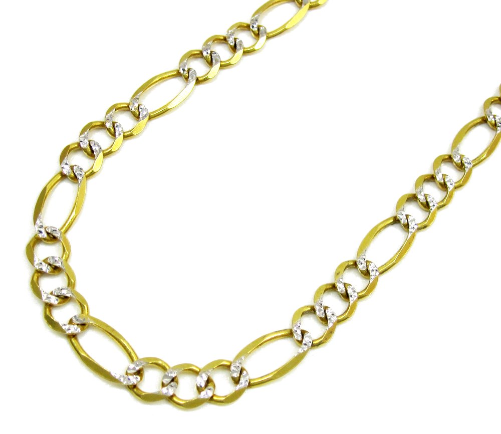 14K Yellow Gold 6mm Solid Figaro Diamond Cut Pave Link Chain