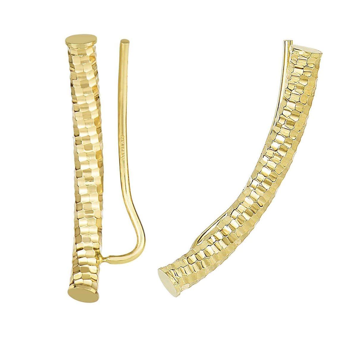 14K Yellow Gold Diamond Cut Curved Bar Ear Climber Earrings