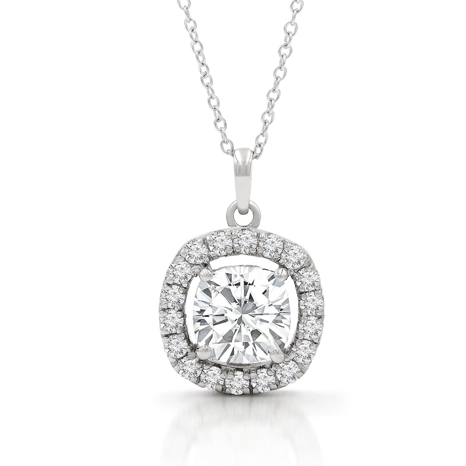 2.70 CTTW Moissanite Cushion Cut Halo Pendant Necklace in 925 Sterling Silver