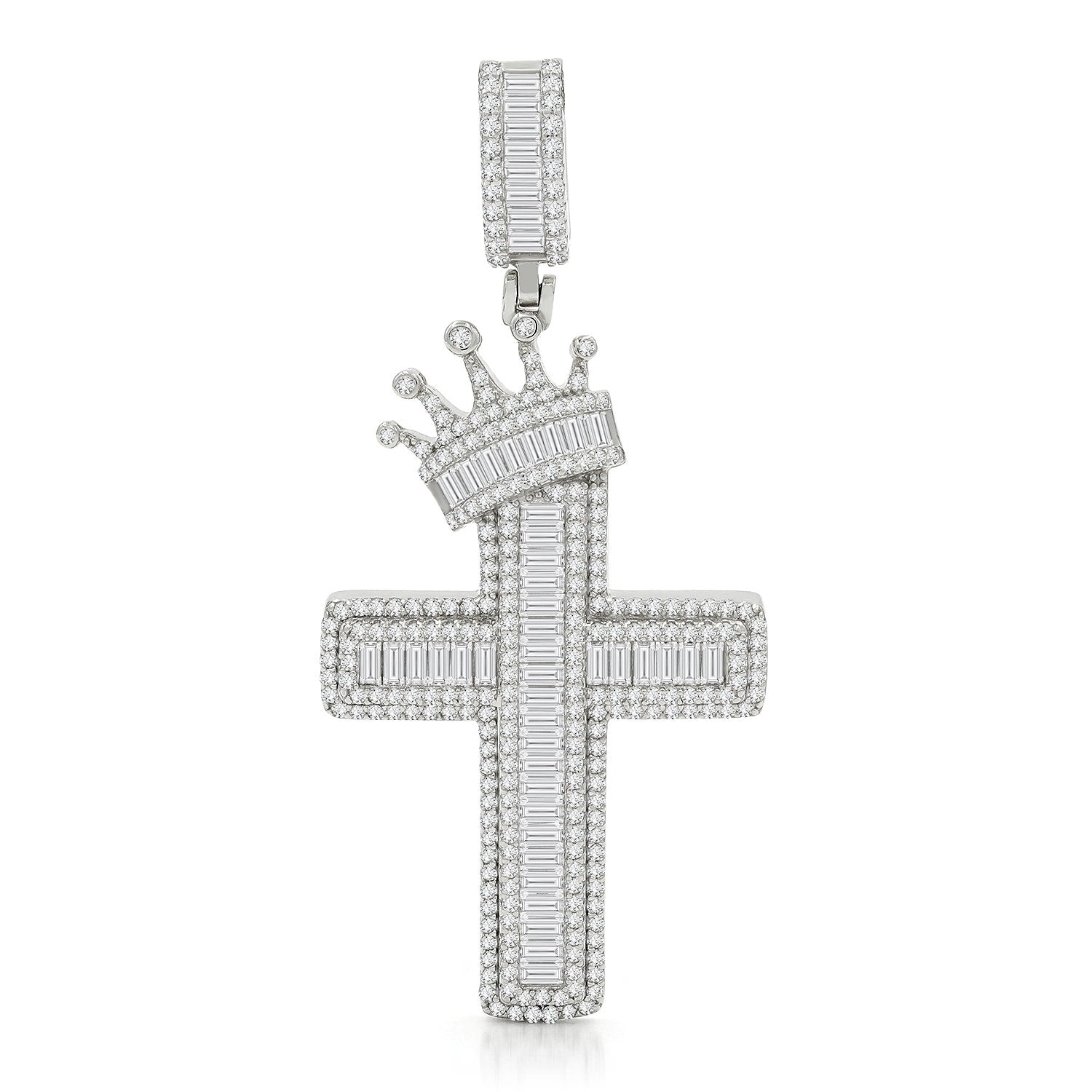 925 Sterling Silver Micro Pave Crowned Baguette Hip Hop Cross Pendant Only