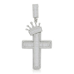 925 Sterling Silver Micro Pave Crowned Baguette Hip Hop Cross Pendant Only