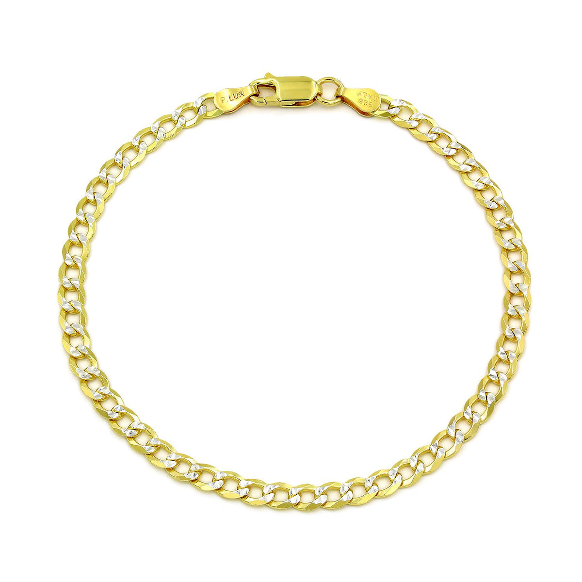 925 Sterling Silver Solid Cuban 4mm Diamond Cut Pave Gold Plated Curb Link Bracelet