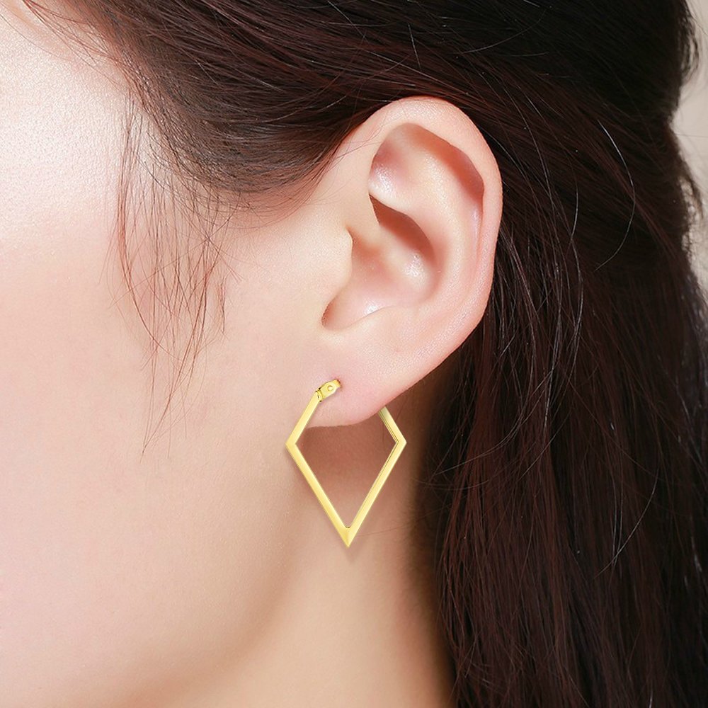 14K Yellow Gold Geometric Diamond Shape Hoop Earrings