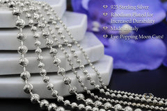 925 Sterling Silver 2.5mm Ball Bead Moon Cut Rhodium Chain