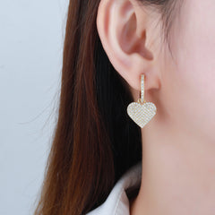 Gold Plated Micro Pave Heart Dangle Drop Earrings
