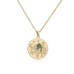 Gold Plated Micro Pave Emerald Green Butterfly, Elephant, Bumblebee Disc Pendant Necklace