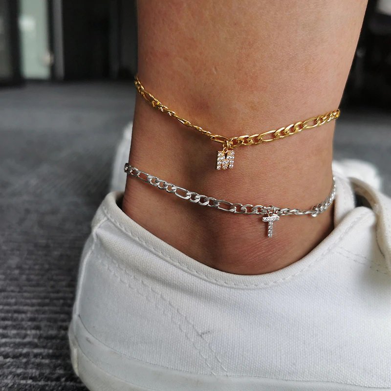 Stainless Steel 4mm Figaro Link Initial A - Z Cubic Zirconia Ankle Bracelet