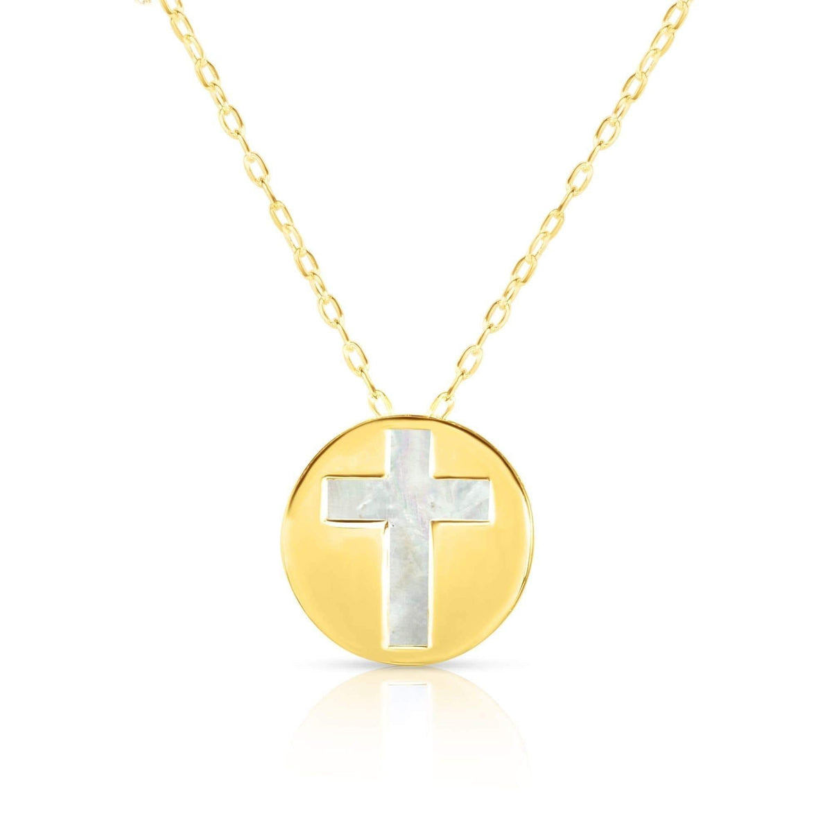 14K Yellow Gold Mother of Pearl Cross Disc Pendant Necklace