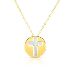 14K Yellow Gold Mother of Pearl Cross Disc Pendant Necklace