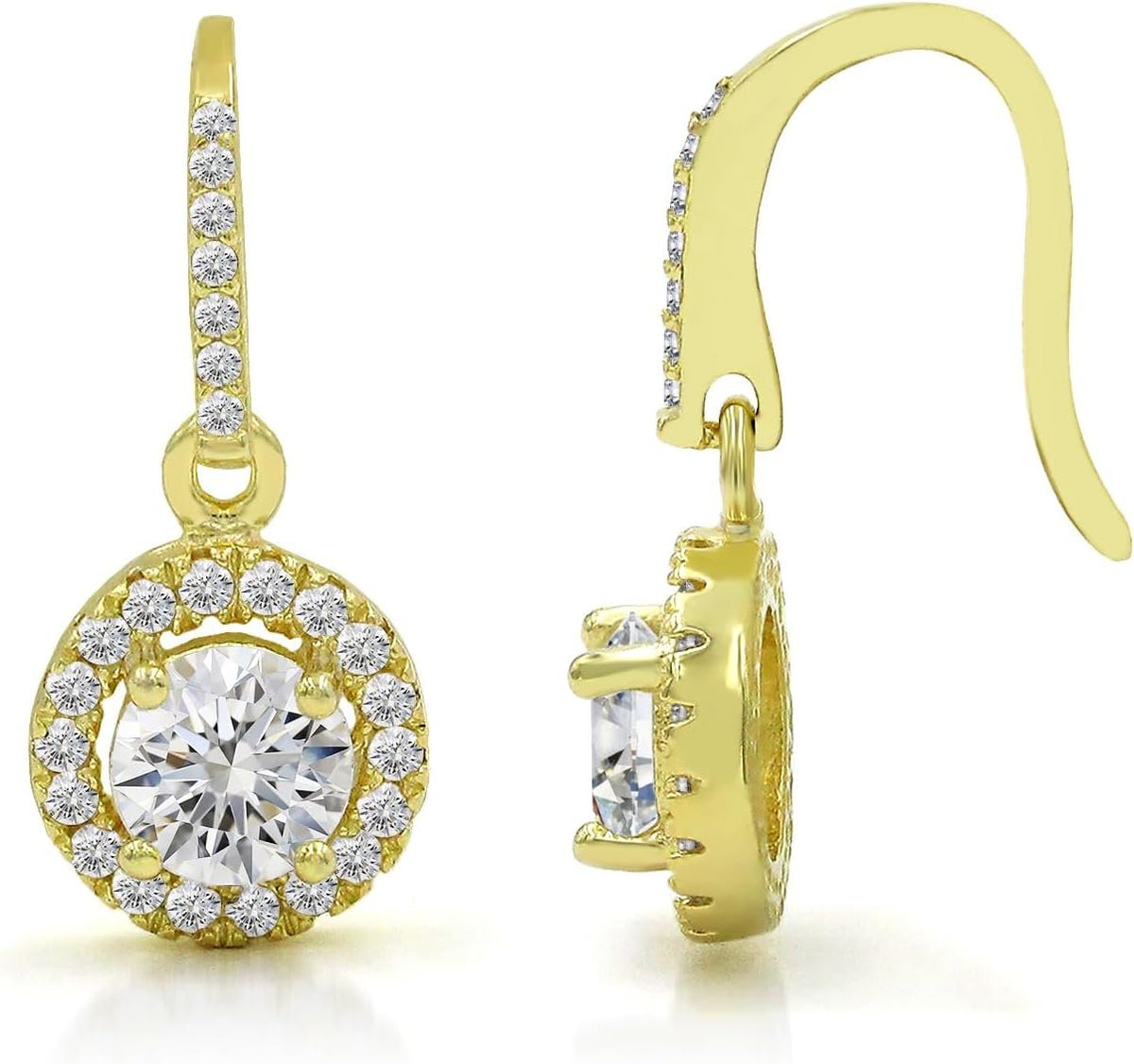 925 Sterling Silver Gold Plated Round Halo Dangle Drop Earring