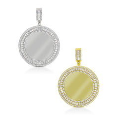 925 Sterling Silver Micro Pave Round Disc, Engraveable, Picture Frame Pendant Only