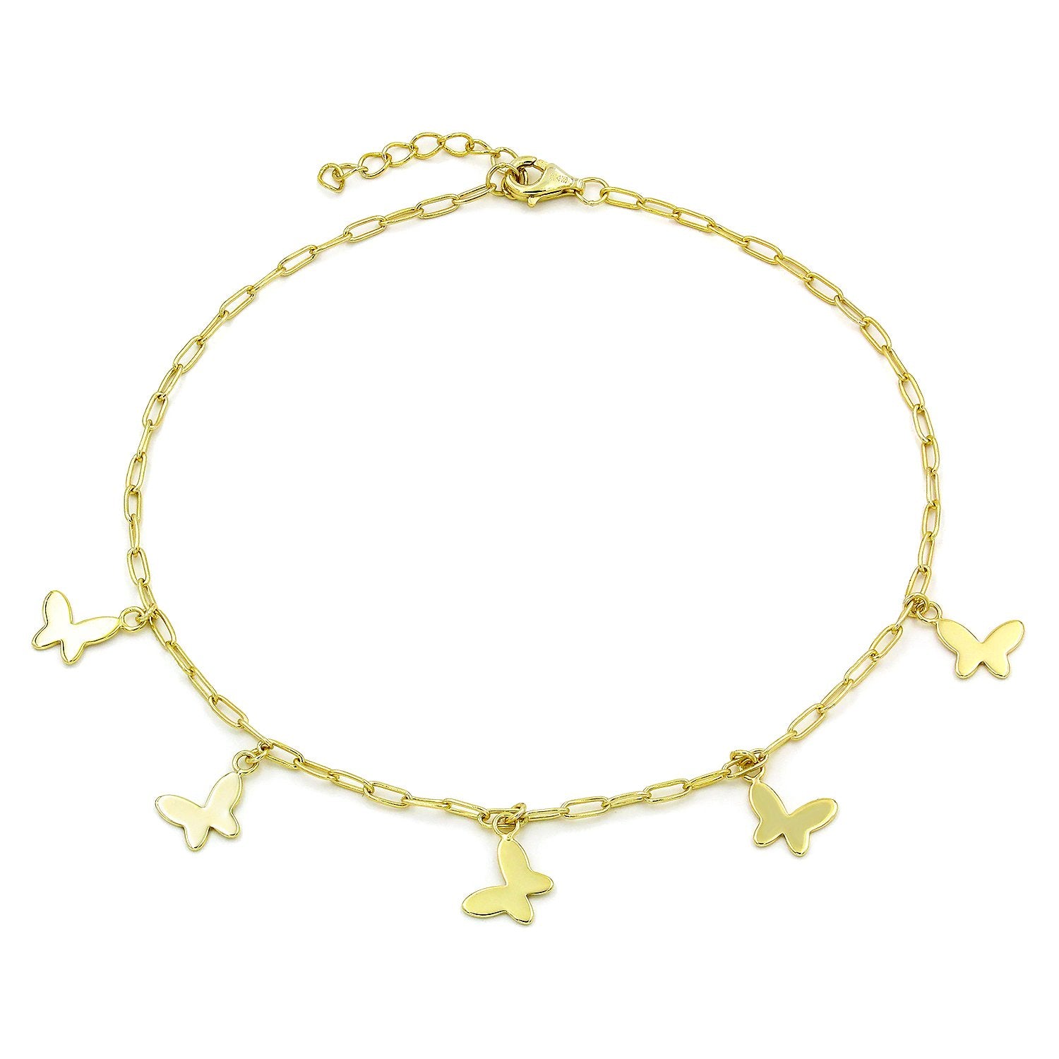 925 Sterling Silver Gold Plated Paper Clip Butterfly Charm Ankle Bracelet