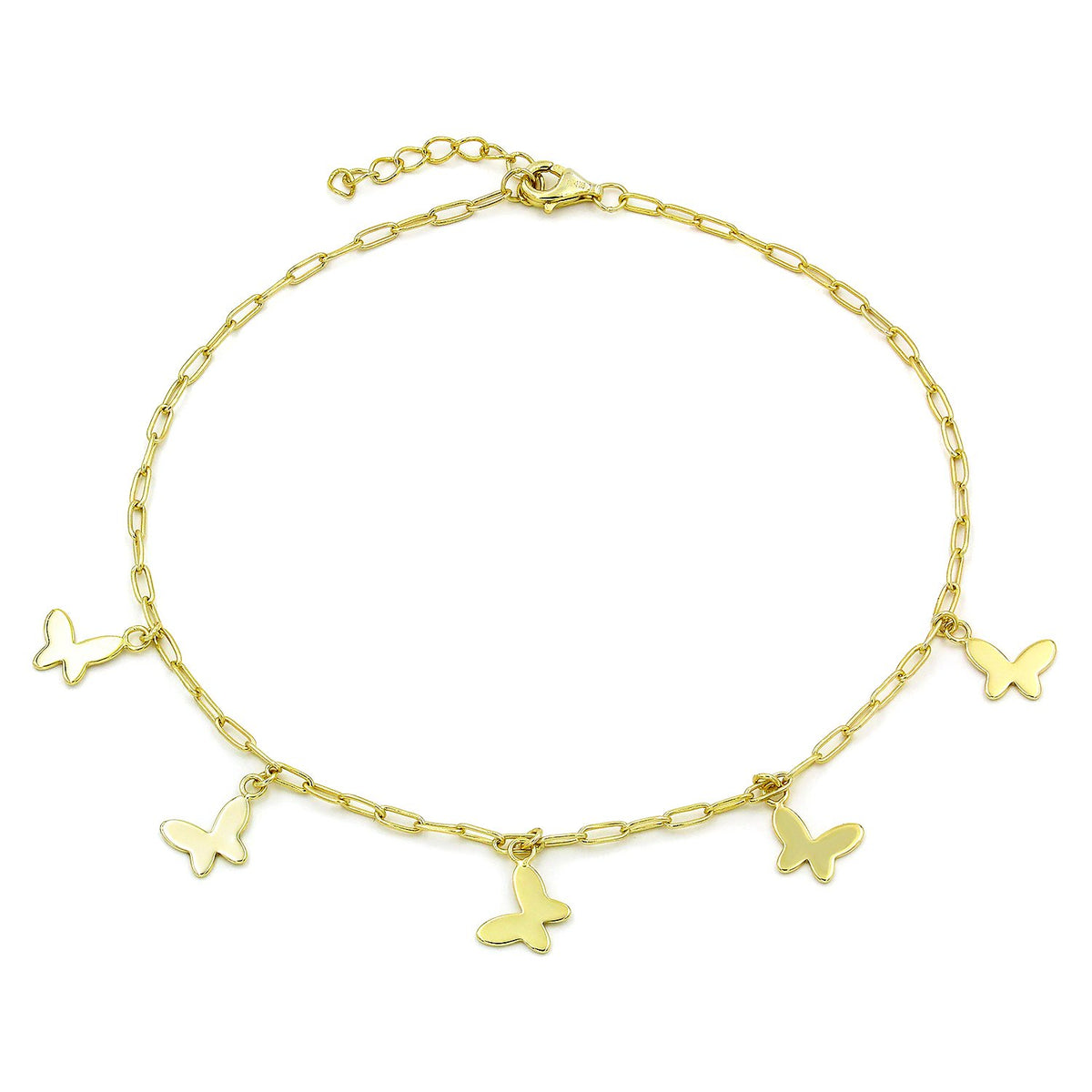 925 Sterling Silver Gold Plated Paper Clip Butterfly Charm Ankle Bracelet
