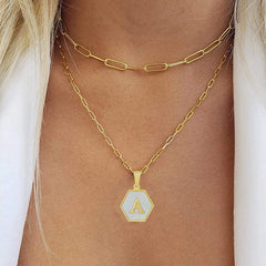 Stainless Steel Gold Plated Mother of Pearl Initial A - Z Layered Paper Clip Choker Necklace