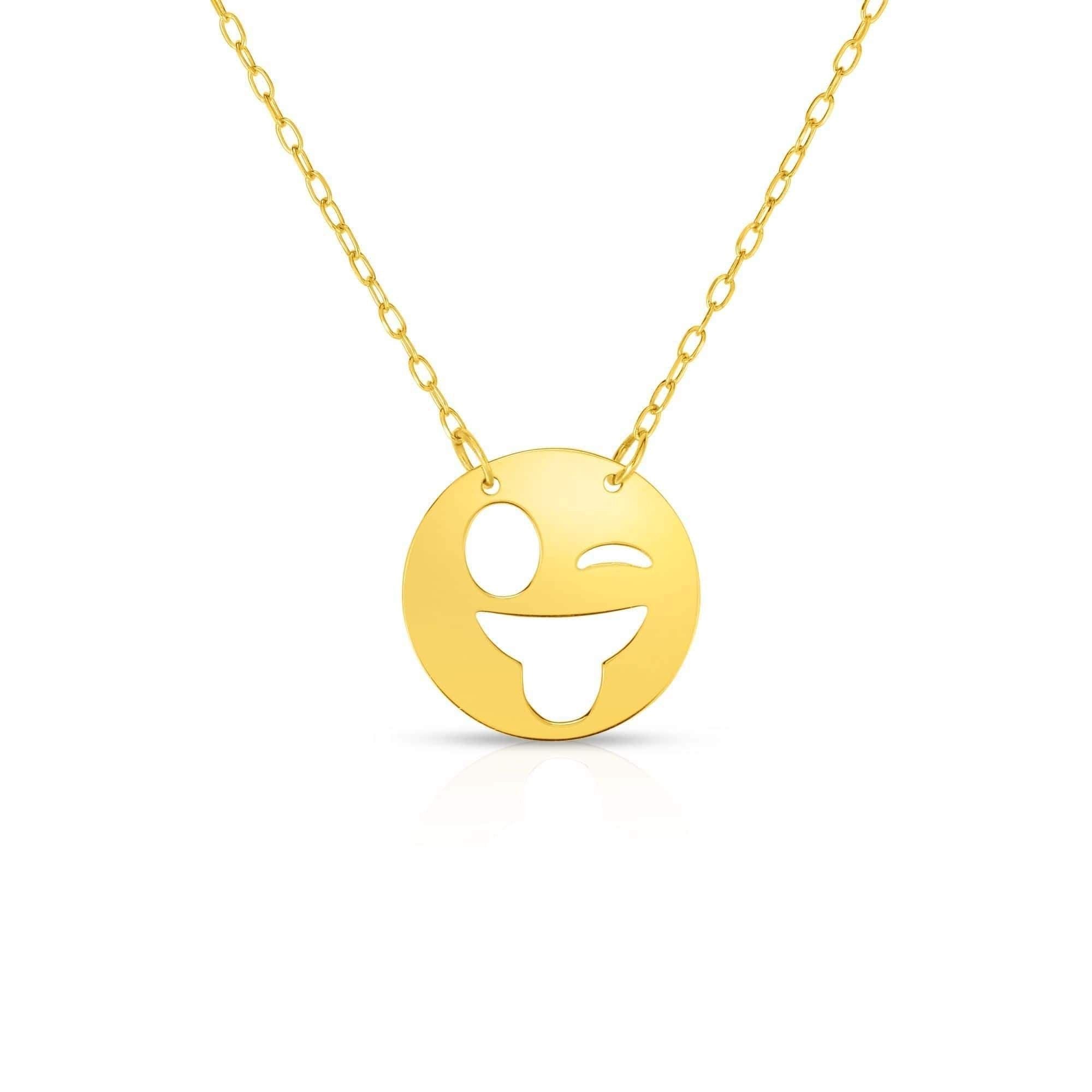 14K Yellow Gold Polished Winking Emoji Face Necklace