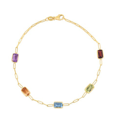 14K Yellow Gold Multi-Color Genuine Gemstone Paper Clip Station Bracelet