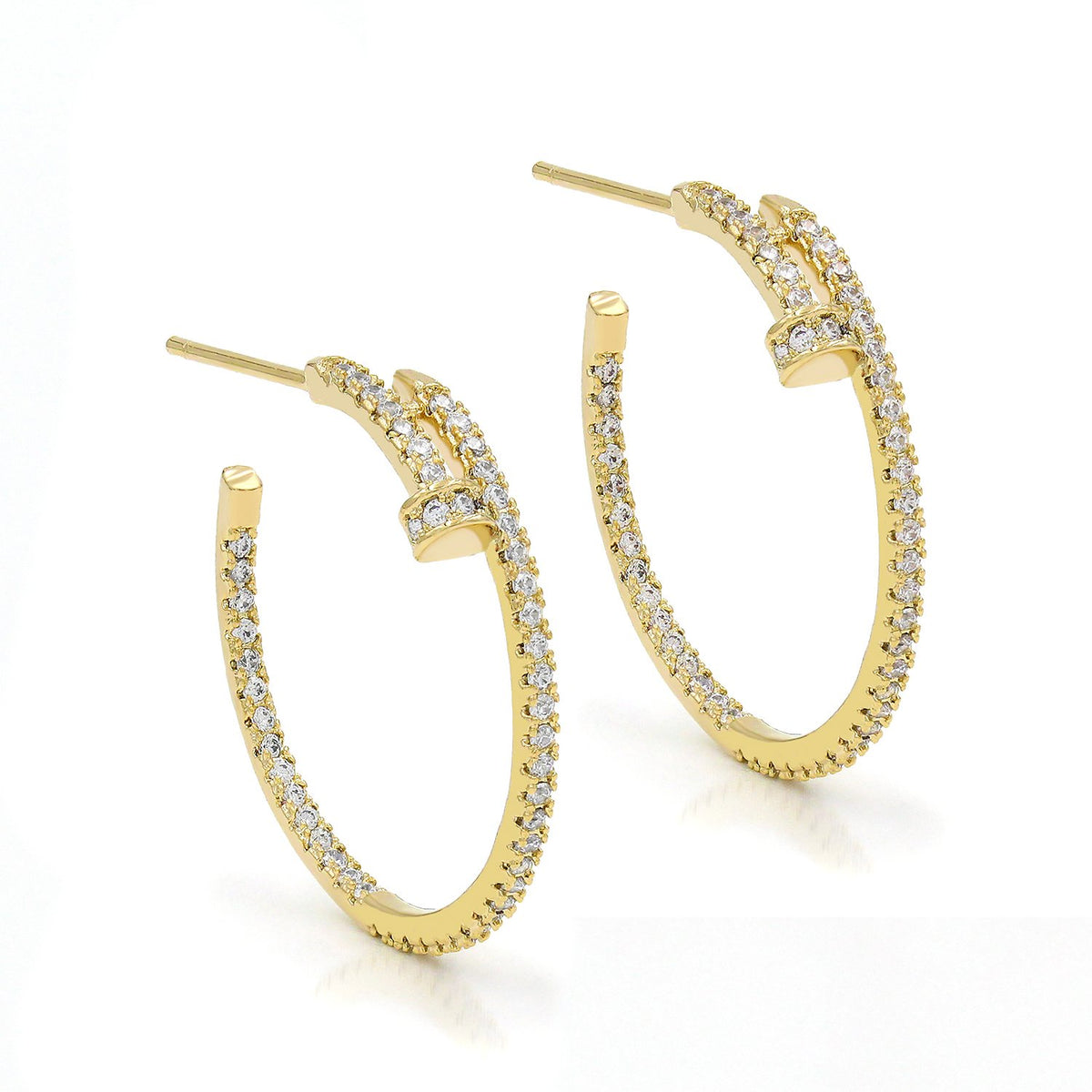 Gold Plated Inside Out Nail, Trendy Micro Pave Hoop Earrings