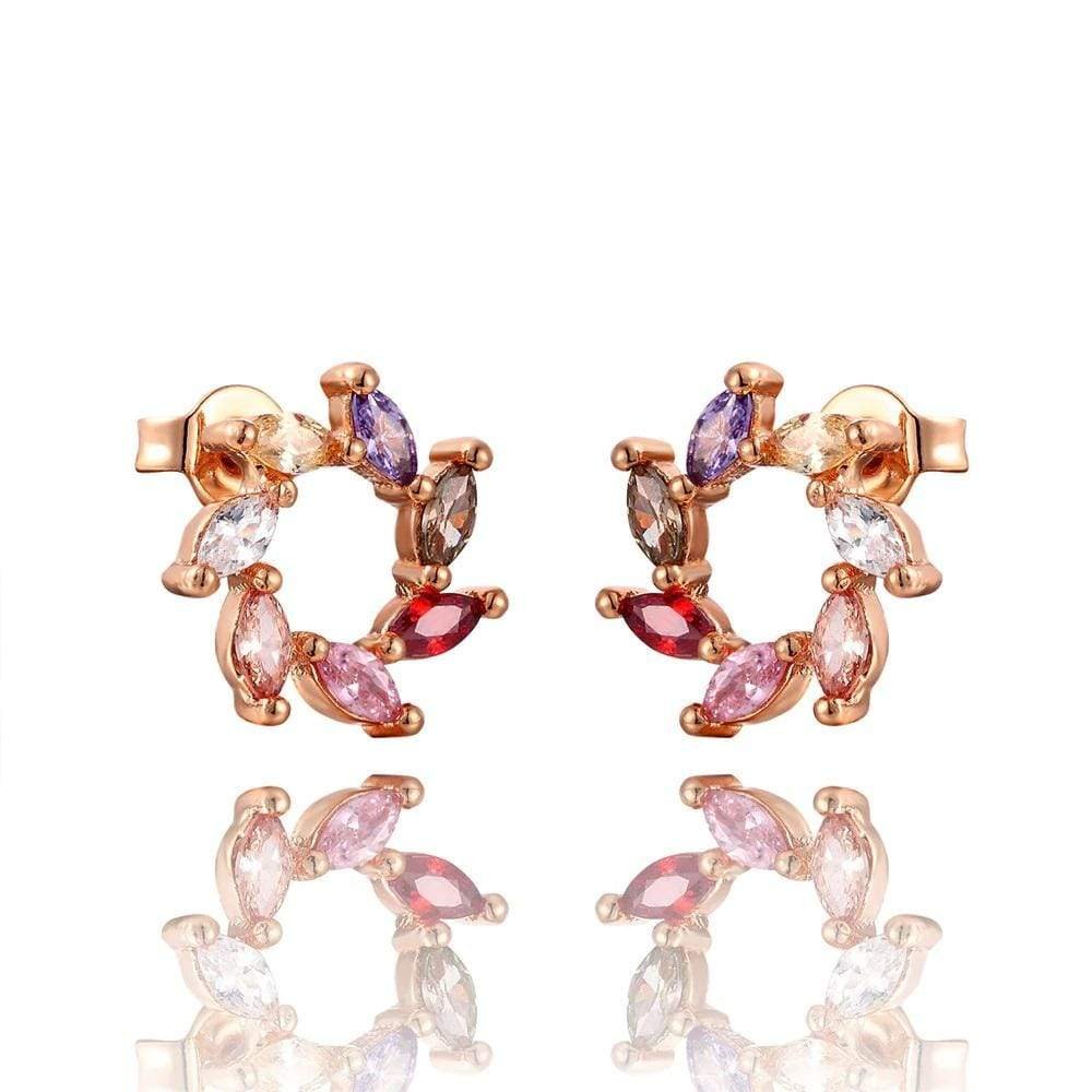 Rose Gold Plated Rainbow Studded Cubic Zirconia Swirl Stud Earrings
