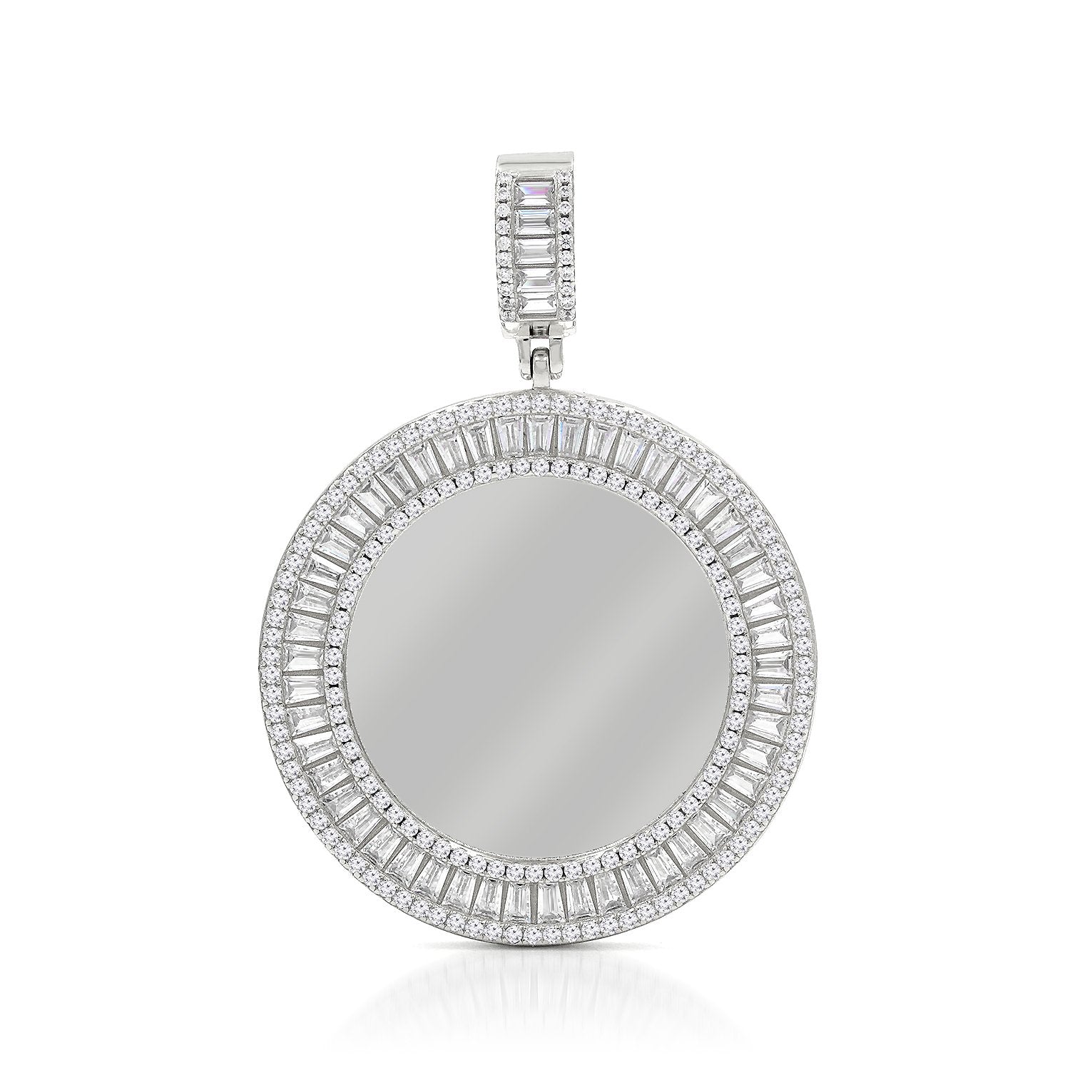 925 Sterling Silver Micro Pave Round Disc, Engraveable, Picture Frame Pendant Only