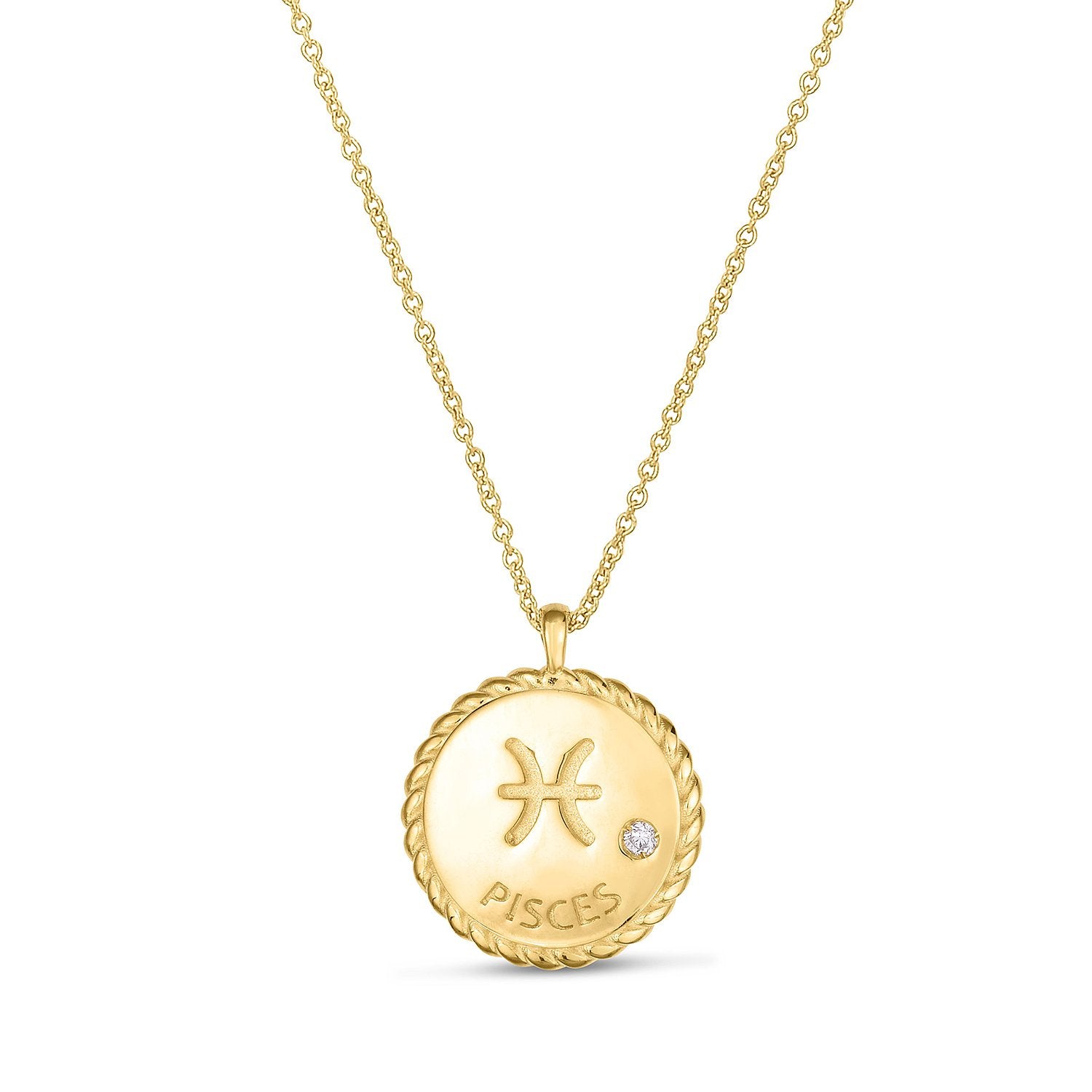 14K Yellow Gold .010ctw Diamond Zodiac Braided Disc Pendant Necklace