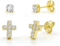 925 Sterling Silver CZ Cross & Solitaire Stud Earring Set