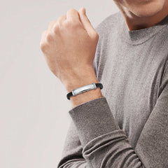 925 Sterling Silver Genuine Leather Polished ID Bracelet