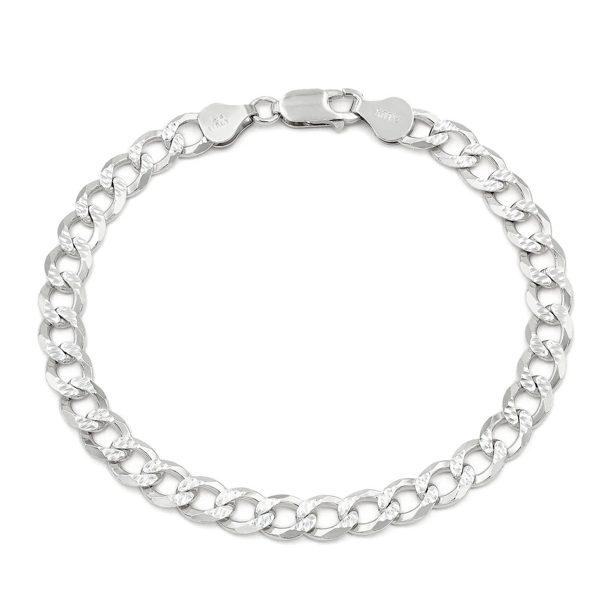 925 Sterling Silver 6.5mm Solid Cuban Diamond Cut Pave Curb Link Bracelet