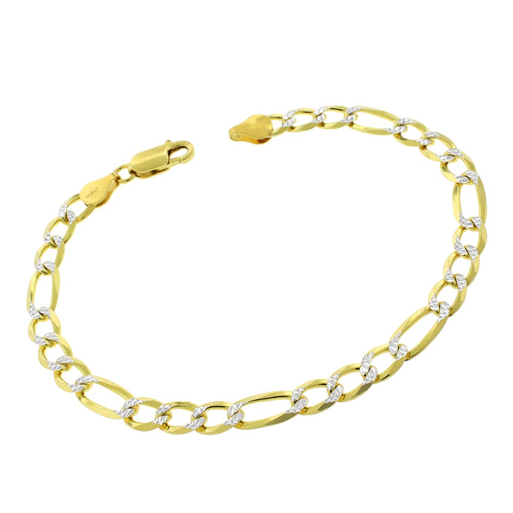 925 Sterling Silver Solid Figaro 6mm Diamond Cut Two Tone Pave Bracelet