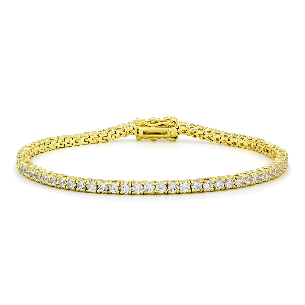 925 Sterling Silver 2.5mm Round Cut Tennis Bracelet, Yellow Gold Plated