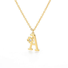 Stainless Steel Gold Plated A - Z Cubic Zirconia Flower Initial Pendant Necklace