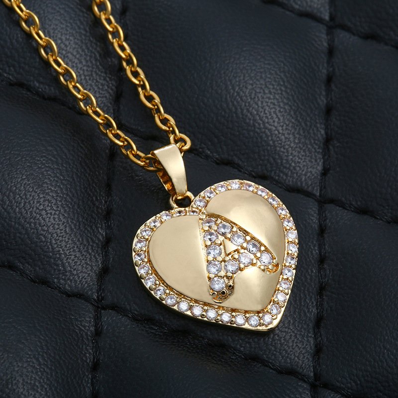 Stainless Steel Gold Plated Micro Pave Heart Initial A - Z Letter Pendant Necklace