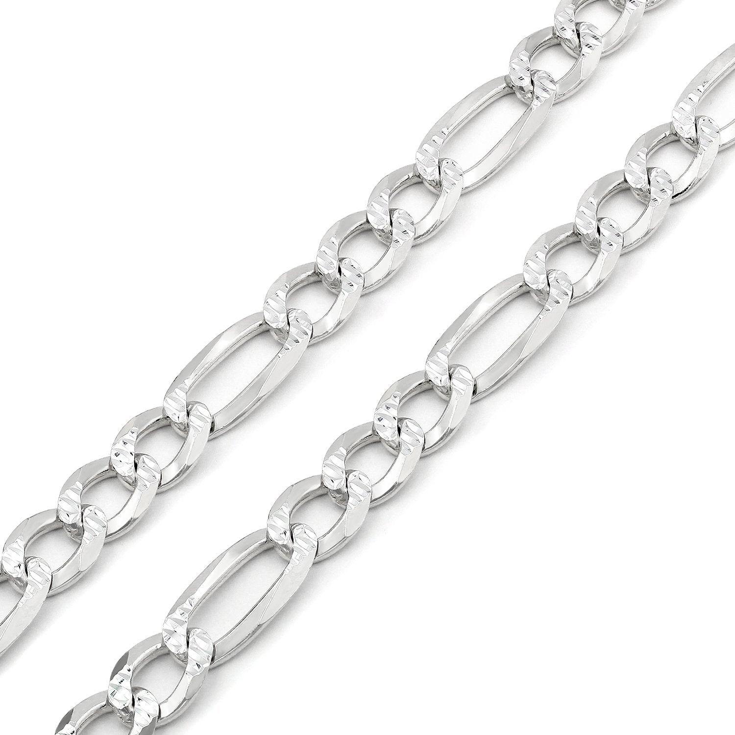925 Sterling Silver Solid Figaro 8.5mm Diamond Cut Pave ITProLux Link Chain
