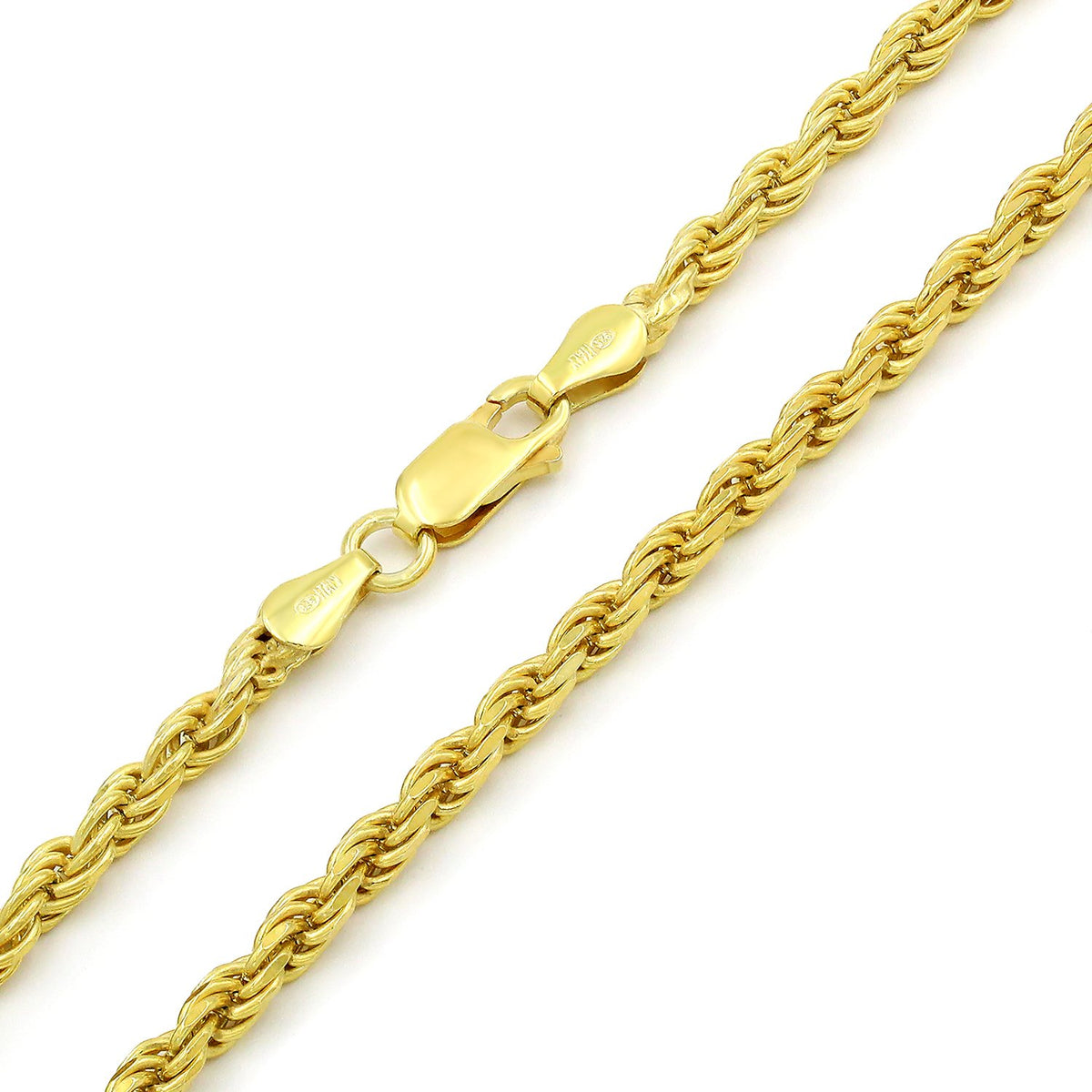 925 Sterling Silver 3.5mm Solid Rope Diamond Cut Gold Plated Chain