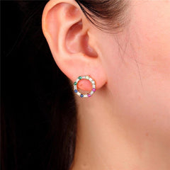 Rose Gold Plated Rainbow Studded Cubic Zirconia Open Circle Stud Earrings