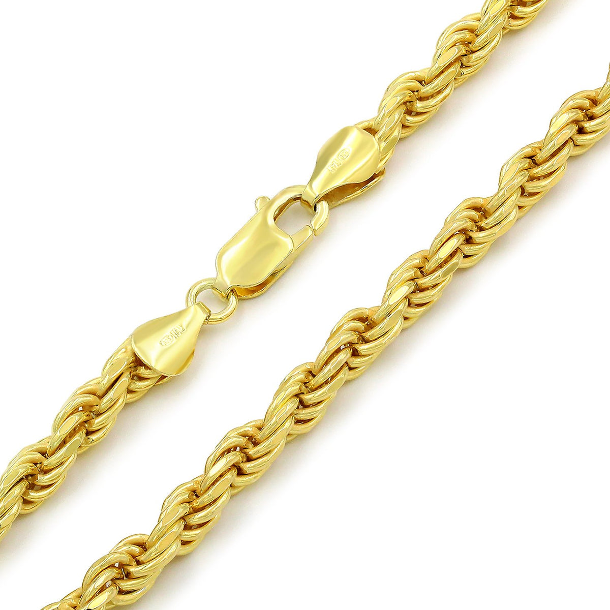 925 Sterling Silver 5mm Solid Rope Diamond Cut Gold Plated Chain
