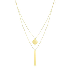 14K Yellow Gold Polished Disc & Rectangle Dual Layered Necklace
