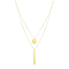 14K Yellow Gold Polished Disc & Rectangle Dual Layered Necklace