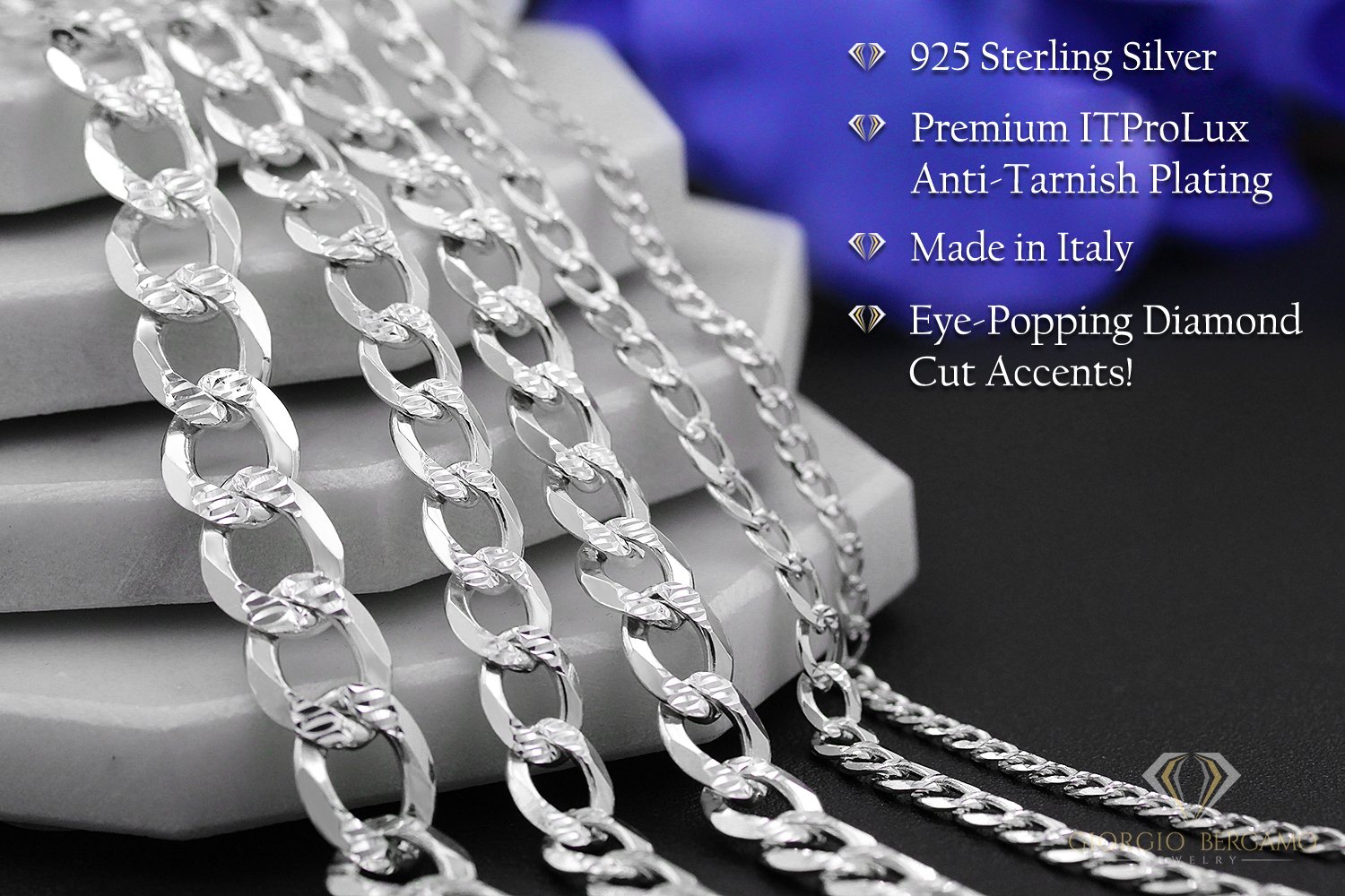 925 Sterling Silver 10.5mm Solid Cuban Diamond Cut Pave Curb Link Chain