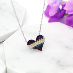 925 Sterling Silver Micro Pave Multi Color Ombre Heart Necklace