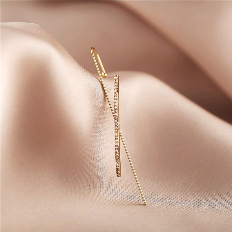 Gold Plated Criss Cross Cubic Zirconia Micro Pave Ear Cuff Bar Earring