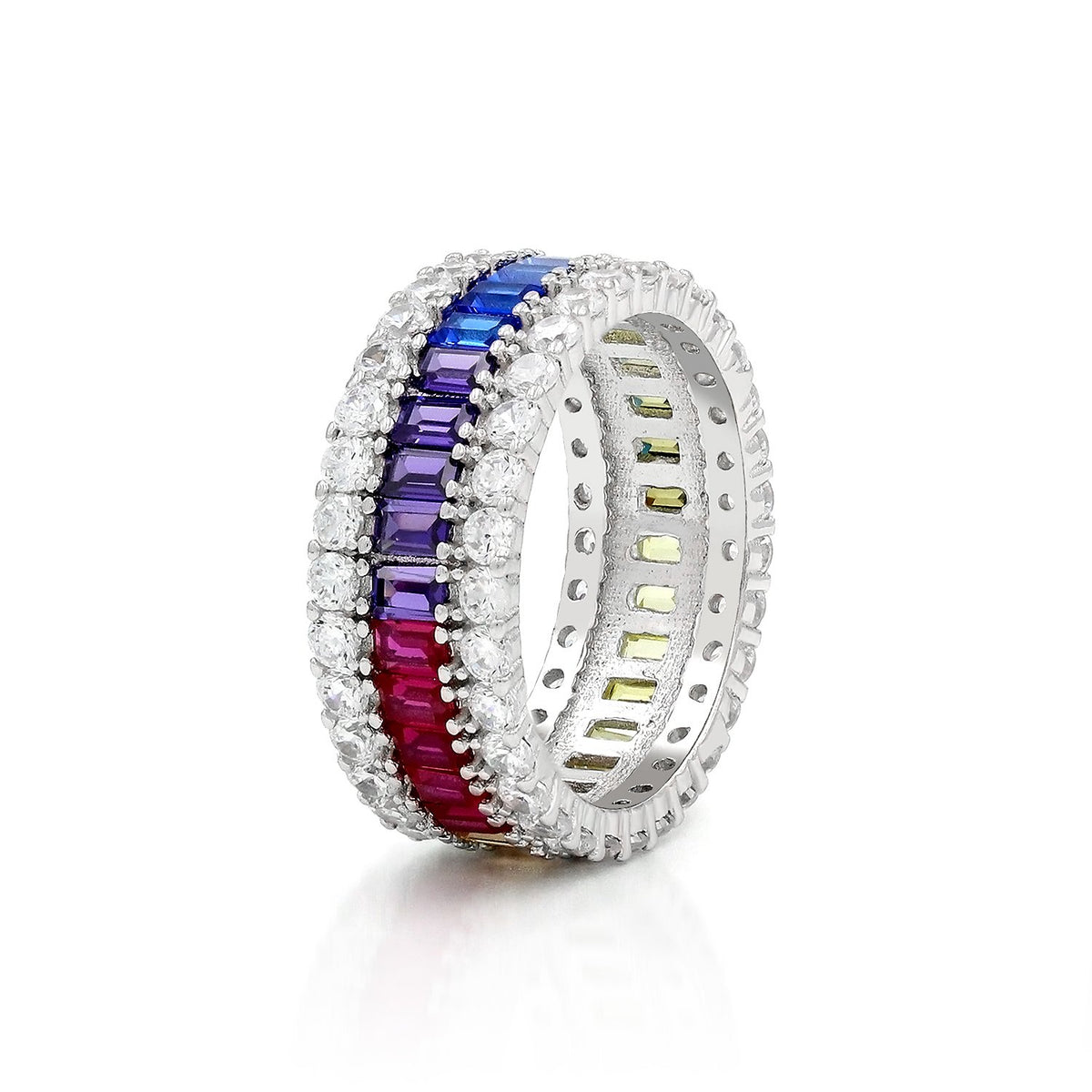 925 Sterling Silver Micro Pave Rainbow Baguette Eternity Band