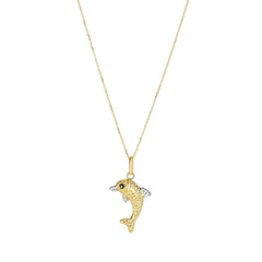 14K Gold Two Tone Diamond Cut Dolphin Pendant Necklace