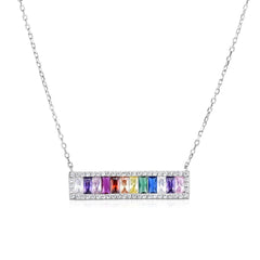 925 Sterling Silver Colorful Rainbow Halo Baguette Bar Necklace